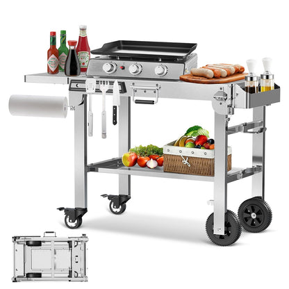 R.W.FLAME Foldable Stainless Steel Grill Table with Rolling Wheels – Ideal for Camping, Tailgating & Cooking