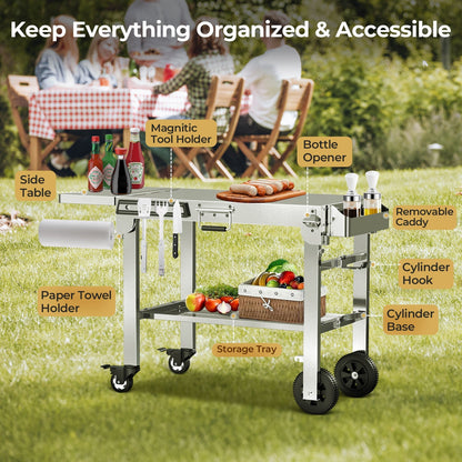 R.W.FLAME Foldable Stainless Steel Grill Table with Rolling Wheels – Ideal for Camping, Tailgating & Cooking