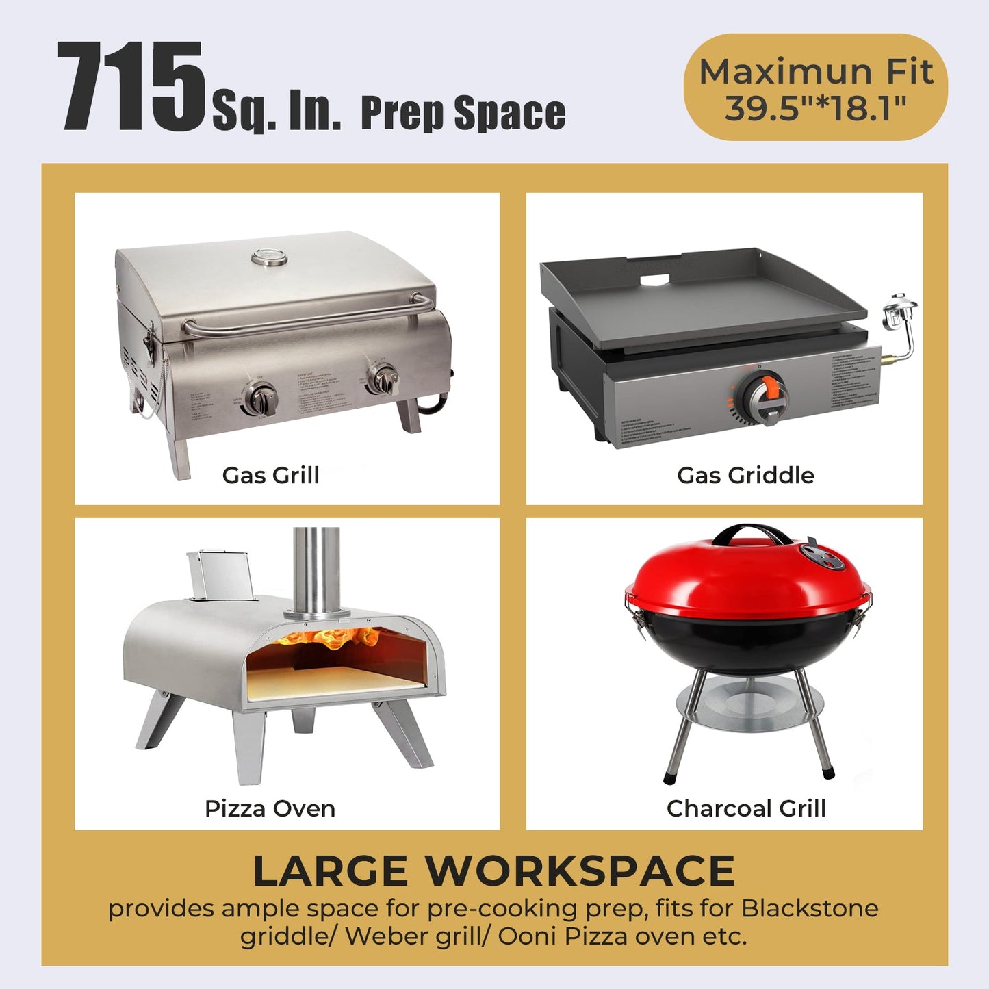 R.W.FLAME Foldable Stainless Steel Grill Table with Rolling Wheels – Ideal for Camping, Tailgating & Cooking
