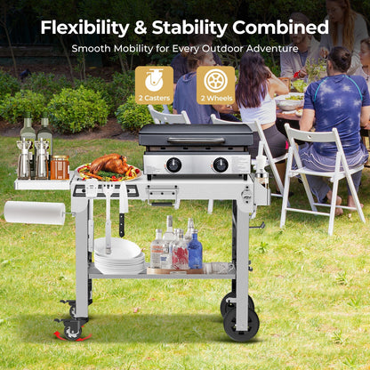 R.W.FLAME Foldable Stainless Steel Grill Table with Rolling Wheels – Ideal for Camping, Tailgating & Cooking