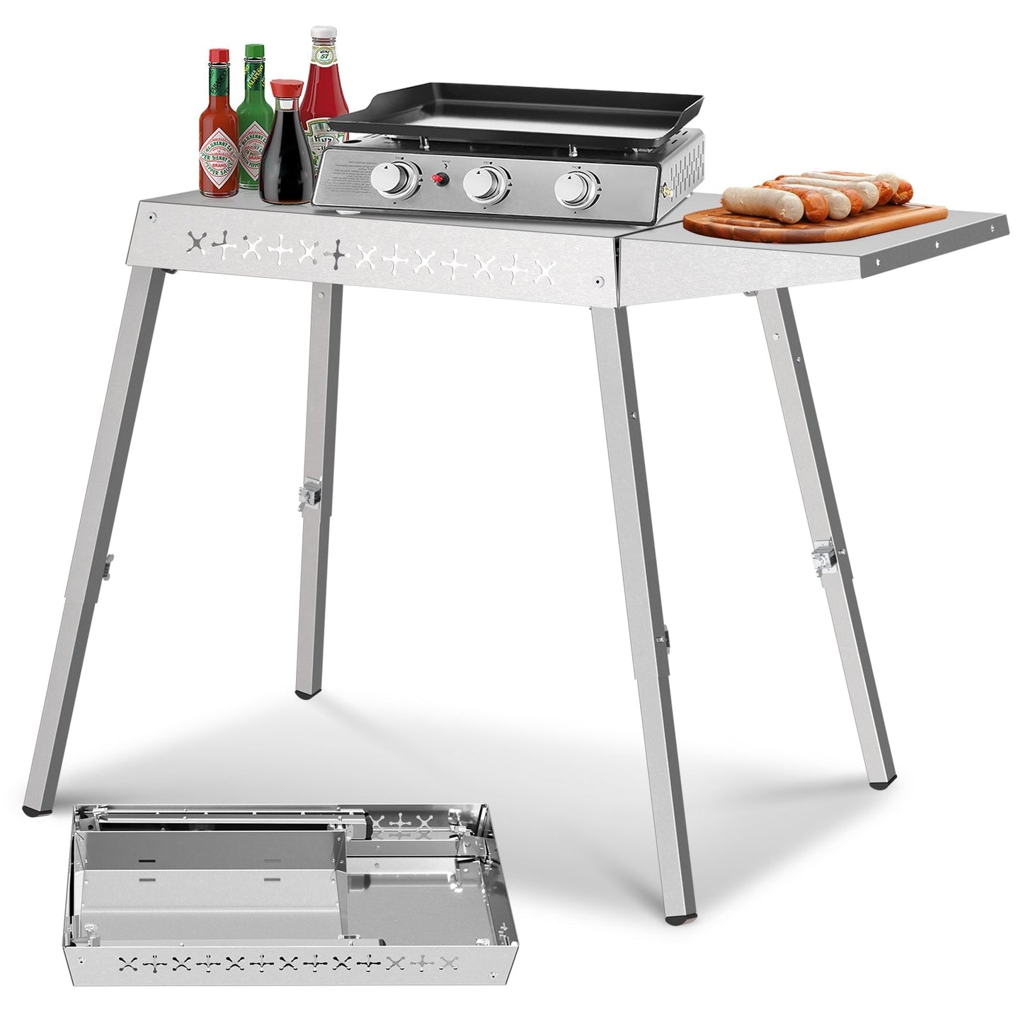 R.W.FLAME Foldable Stainless Steel Grill Prep Table with Adjustable Height Legs