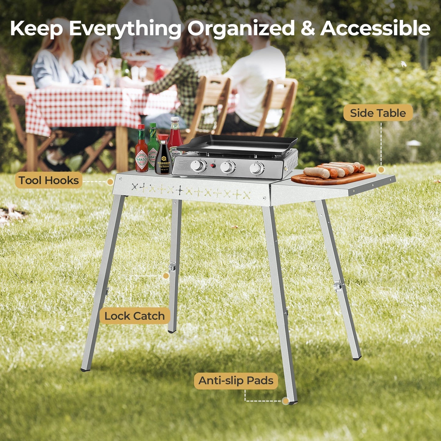R.W.FLAME Foldable Stainless Steel Grill Prep Table with Adjustable Height Legs