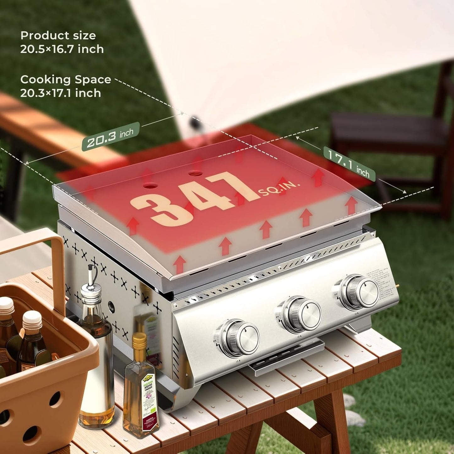 24 Inch 3-Burner Propane Gas Griddle 304 Stainless Steel 24000 BTU Flat Top with Grill Grate
