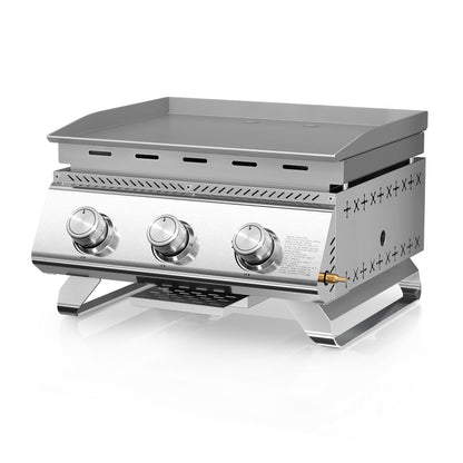 24 Inch 3-Burner Propane Gas Griddle 304 Stainless Steel 24000 BTU Flat Top with Grill Grate